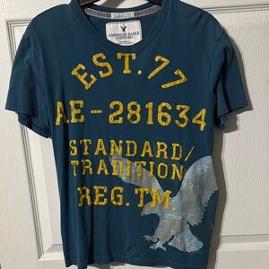 American Eagle Blue Graphic T-Shirt with Yellow Print XS